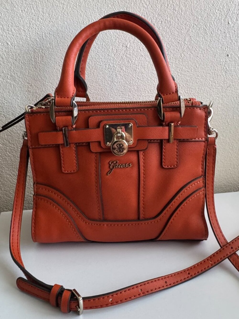 NWT Guess Greyson Mini Satchel Orange Crossbody Bag Gold Hardware Structured - Picture 10 of 14